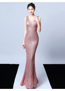 Grey Sequin Evening Gown with V-Neck and Fitted Silhouette