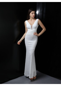 Grey Sequin Evening Gown with V-Neck and Fitted Silhouette