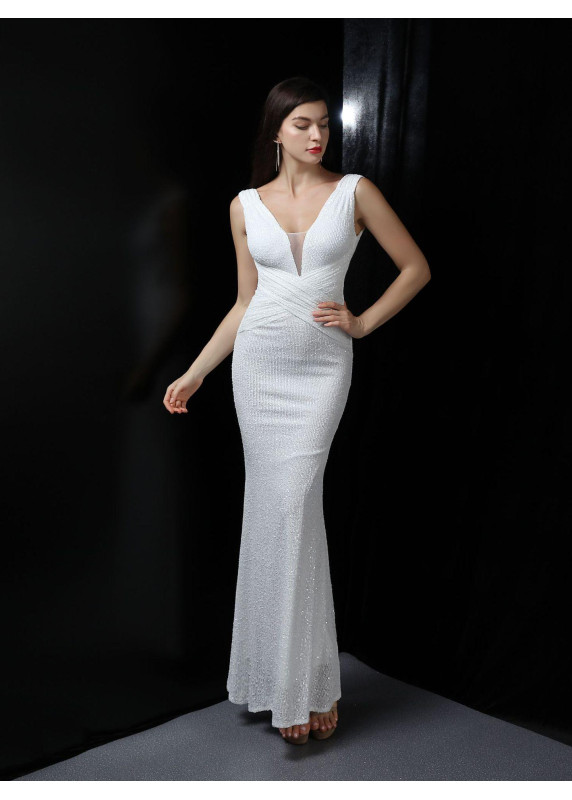 Grey Sequin Evening Gown with V-Neck and Fitted Silhouette