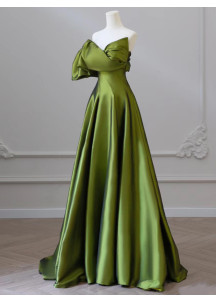 High quality green silk satin evening gown