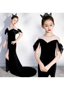 black mermaid flower girl dress with a train