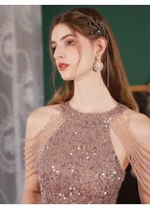 robe de soirée fourreau champagne à sequins scintillant