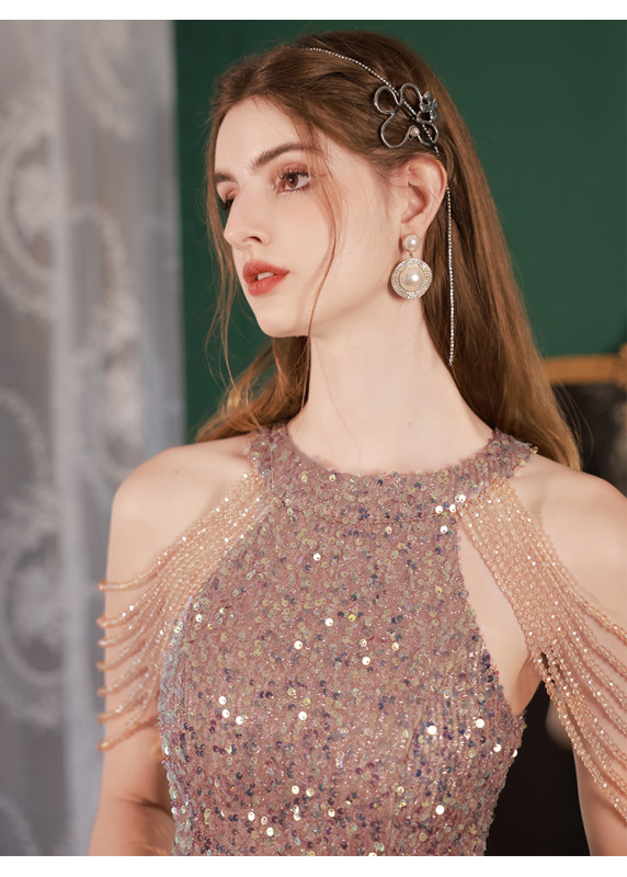 robe de soirée fourreau champagne à sequins scintillant