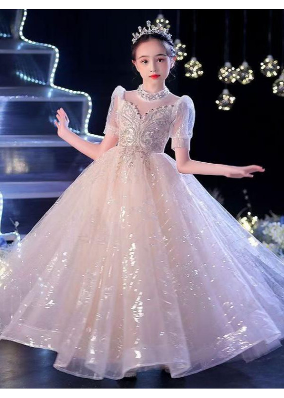 robe de demoiselle d'honneur champagne en tulle scintillant