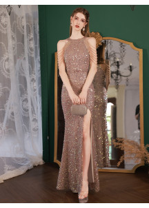 Shimmering champagne sequin fitted evening gown