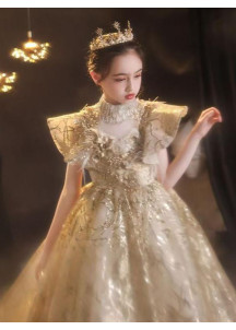 Golden Flower Girl Dress with Train