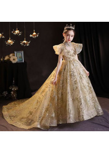 Golden Flower Girl Dress with Train