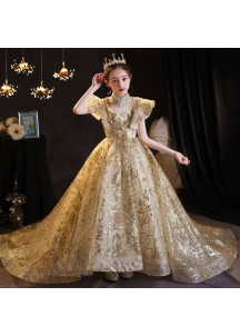 Golden Flower Girl Dress with Train