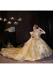 Golden Flower Girl Dress with Train