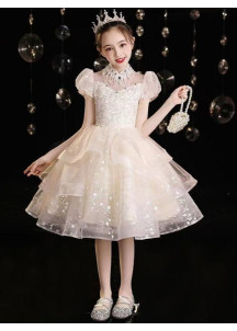 adorable robe de demoiselle d'honneur enfant en tulle champagne