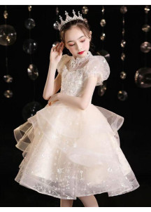 adorable robe de demoiselle d'honneur enfant en tulle champagne