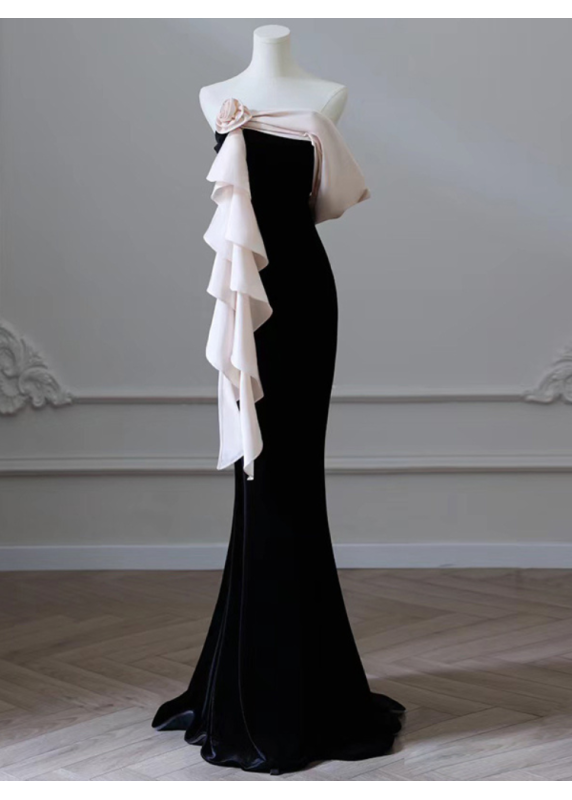 Black velvet mermaid evening gown with cascade shoulder