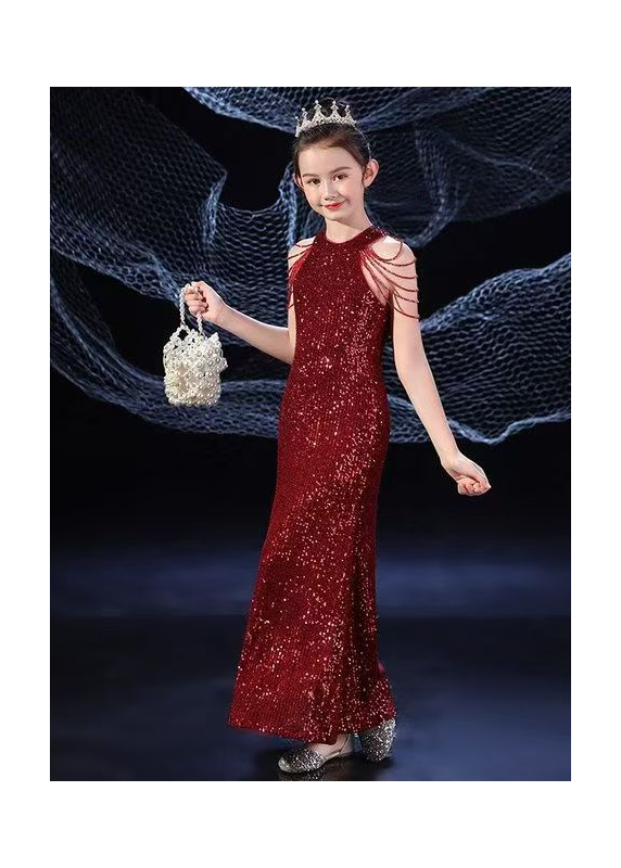 Vestido de Dama de Honor Rojo Burdeos para Niña