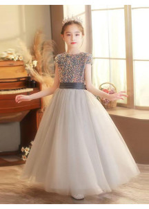 Adorable Gray Flower Girl Dress with Multicolor Sequined Fabric