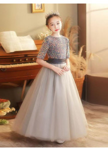 Adorable Gray Flower Girl Dress with Multicolor Sequined Fabric