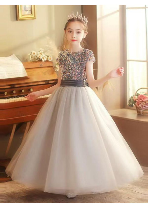 Adorable Gray Flower Girl Dress with Multicolor Sequined Fabric