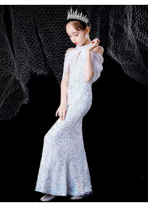 White Mermaid-Cut Flower Girl Dress with Veil Cape