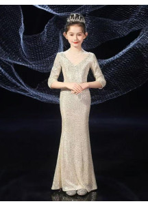 Champagne Flower Girl Dress with Sequin Embroidery and Sleeves