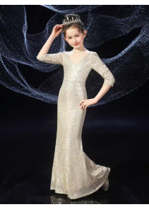 Champagne Flower Girl Dress with Sequin Embroidery and Sleeves