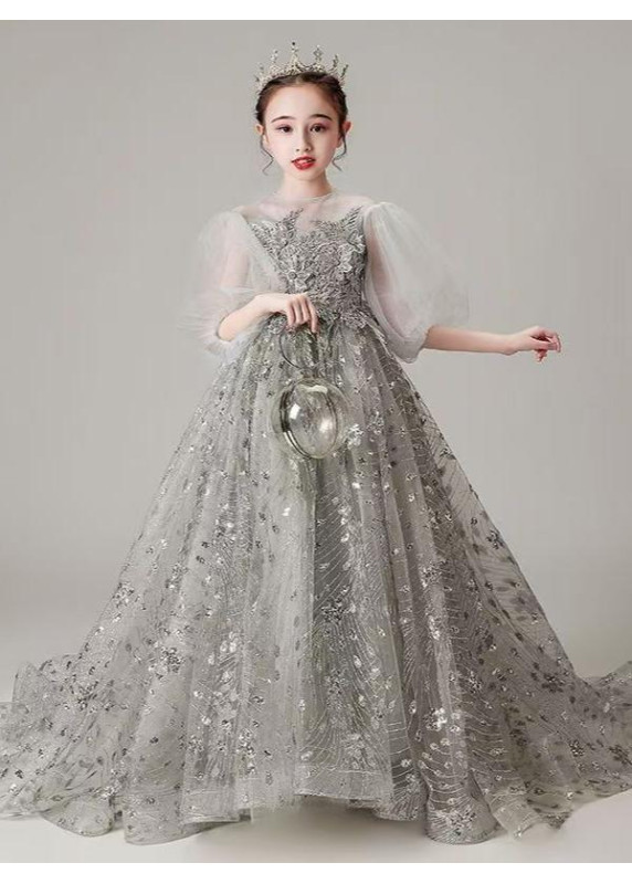 Silver Gray Flower Girl Dress with Long Train