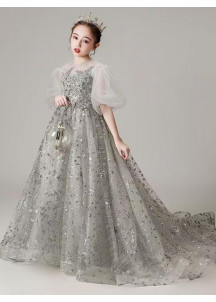 Silver Gray Flower Girl Dress with Long Train