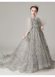 robe de demoiselle d'honneur gris argenté avec longue traîne