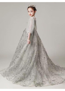 robe de demoiselle d'honneur gris argenté avec longue traîne