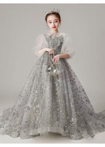 Silver Gray Flower Girl Dress with Long Train